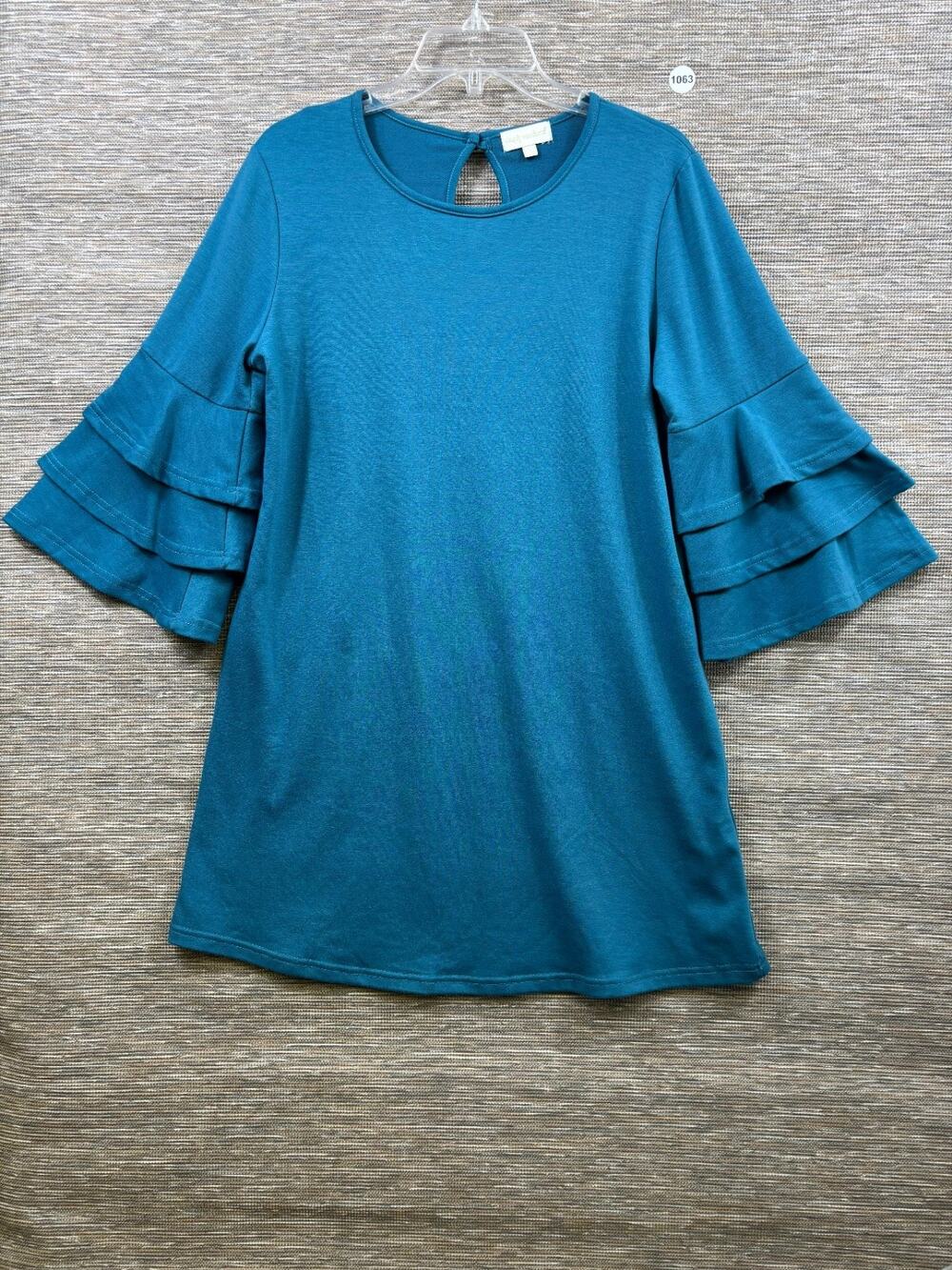 Simply Southern Tunic Top Womens Size L Teal Ruffle Bell Sleeves